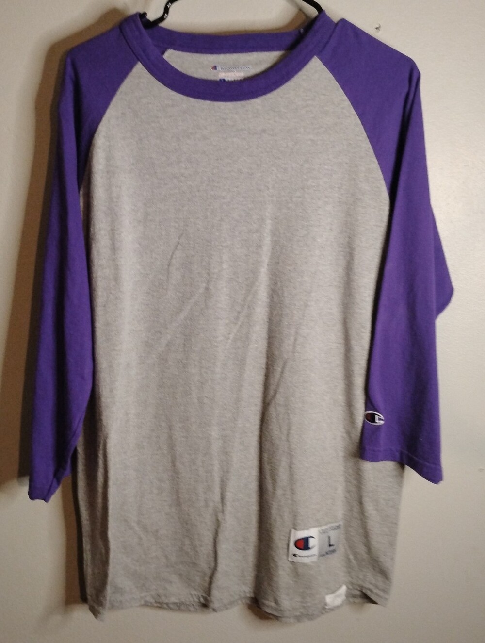 Champion Grey Body with Purple Raglan Sleeves Baseball Tee